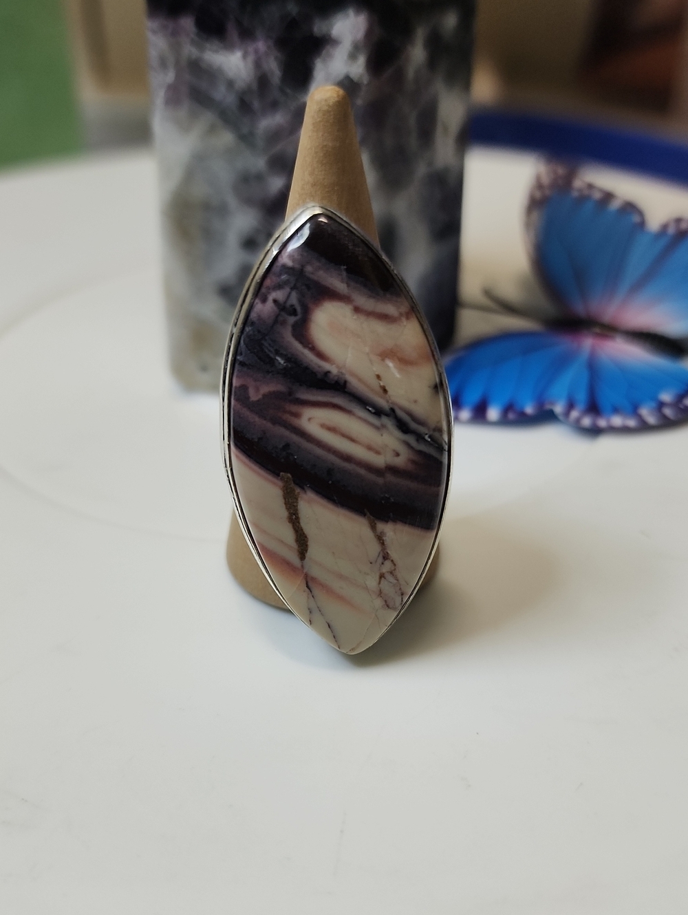 Handcrafted Marquise Stone Statement Ring - Black, Cream, Pink Tones